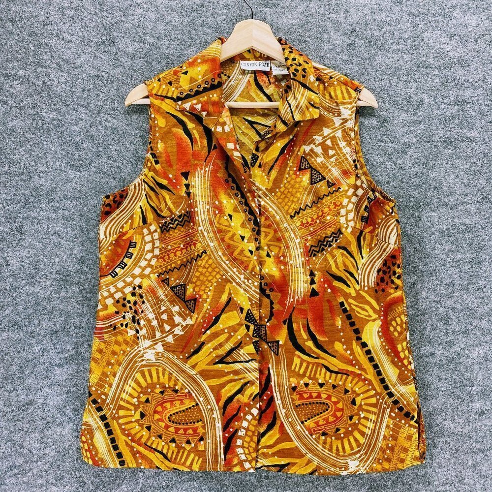 Canyon Road Top Women L Orange Paisley Sleeveless Collared Button Up Blouse